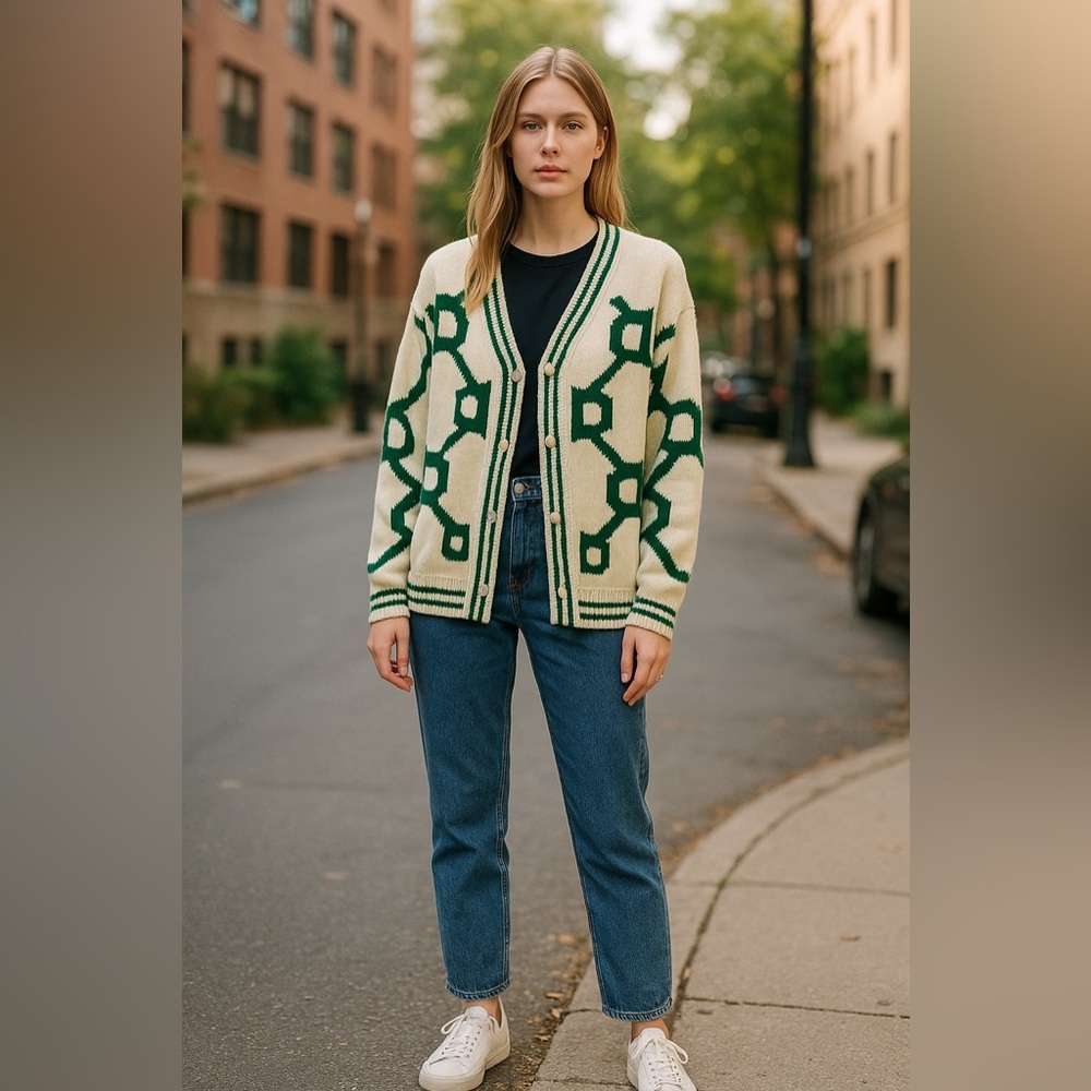 Pretty garden Ivory Green Cardigan Sweater M Women Trendy Fall Long Sleeve‎